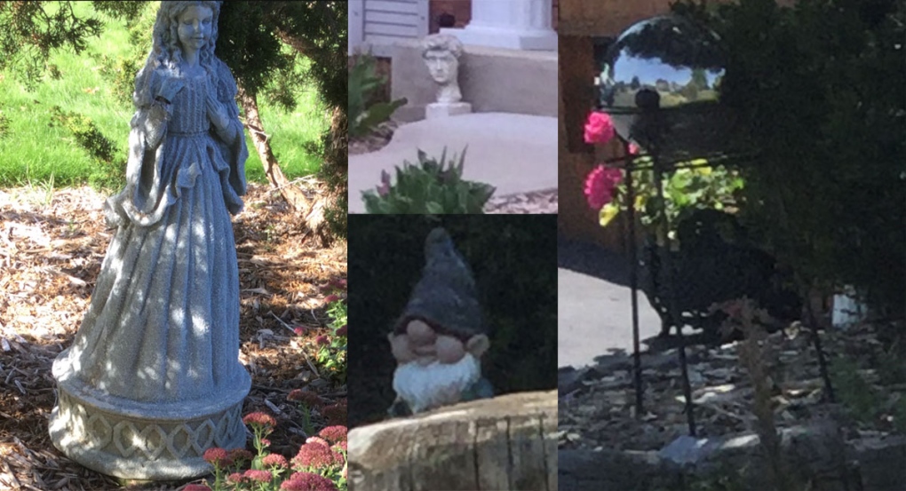 Garden ornaments stolen from a home Brant Street in Simcoe, Ont. are seen in these images released by Norfolk County OPP.