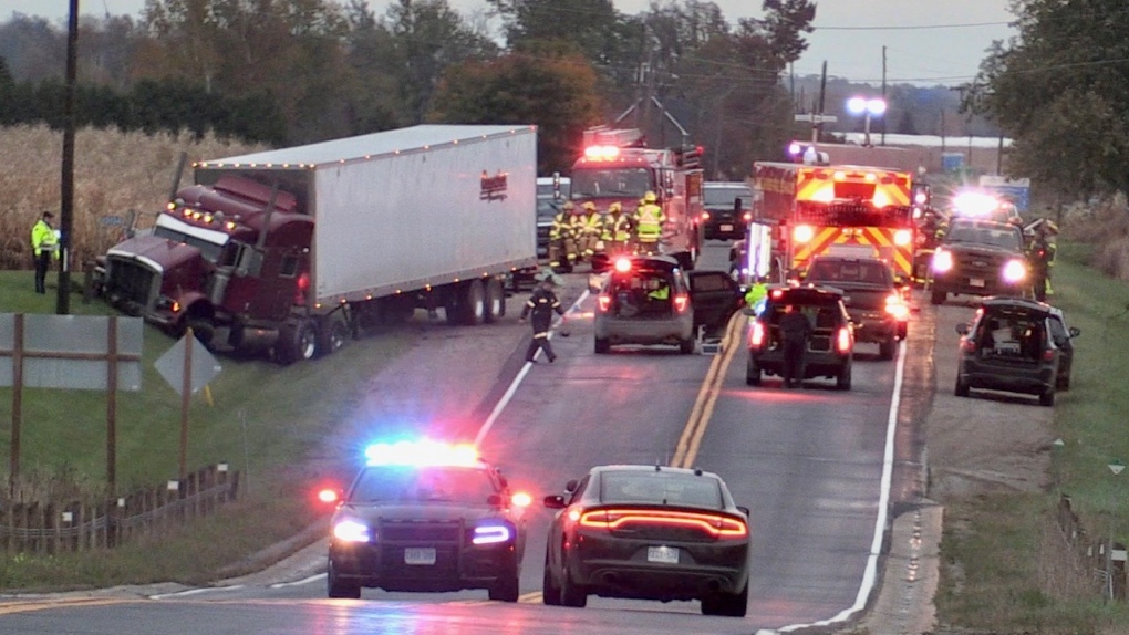 One person has died following a head-on crash involving a transport truck near Aylmer, Ont. on Wednesday, Oct. 27, 2021. (Sean Irvine / CTV News)