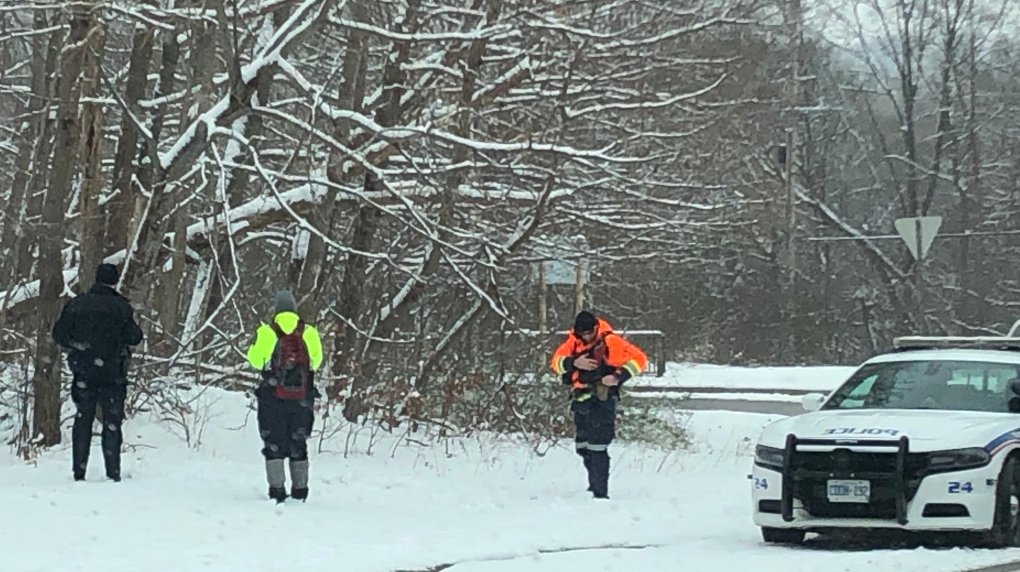 Police continued the search for a person who may have entered the water in the Greenway Park area in London, Ont. on Sunday, Nov. 28, 2021. (Serena Braam/CTV London)