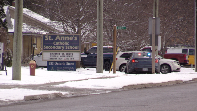 Huron County OPP on scene near St. Anne's Catholic Secondary School in Clinton where a student was struck by a vehicle, Nov. 29, 2021. (Scott Miller / CTV News)