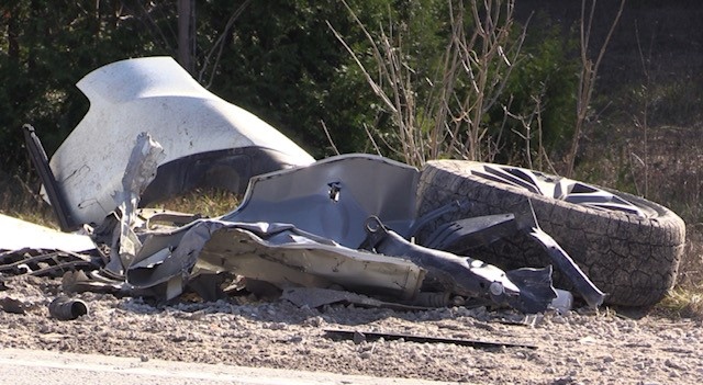 Debris is seen after a fatal crash in the Durham, Ont. area, Monday, Nov. 8, 2021. (Scott Miller / CTV News)