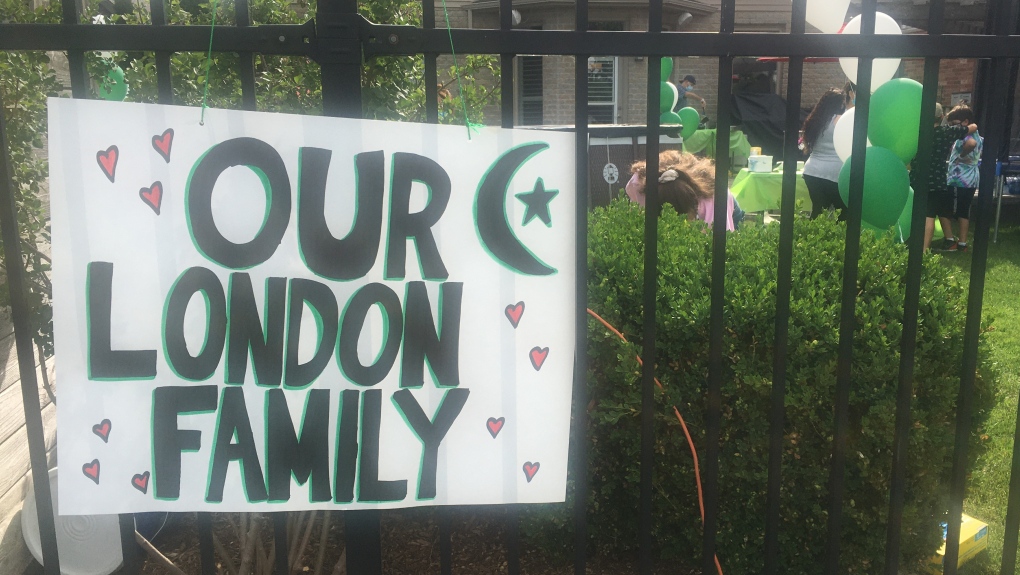 A sign on the fence showing support for the London Muslim Community in London, Ont. Sat June 19, 2021 (Brent Lale/CTV News)