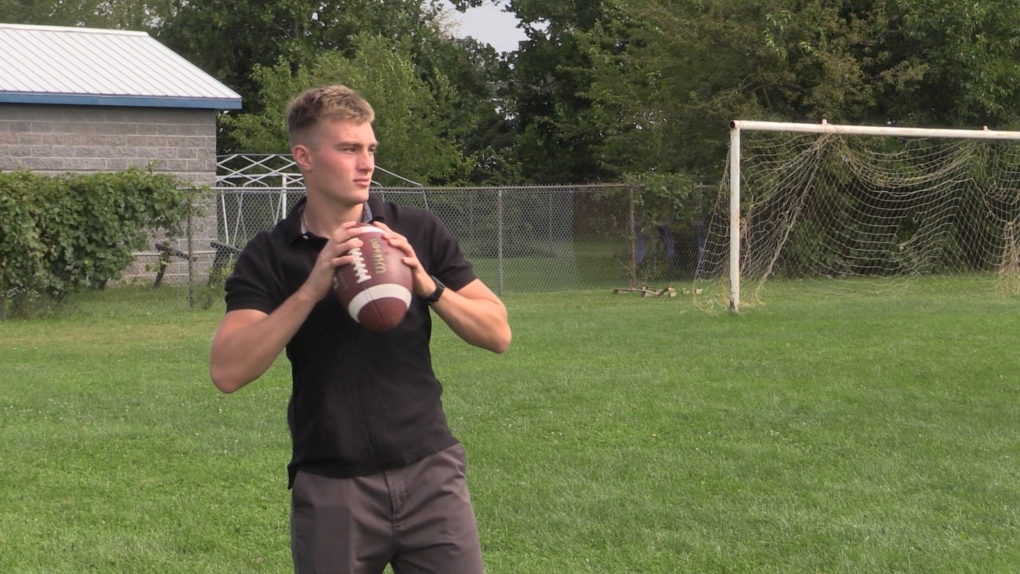 Brady Lidster, a grade 12 high school quarterback from St. Thomas, Ont. won’t be eligible to play football this fall after the TVDSB implemented a mandatory double-vaccination policy in order to play. (Brent Lale/CTV London)
