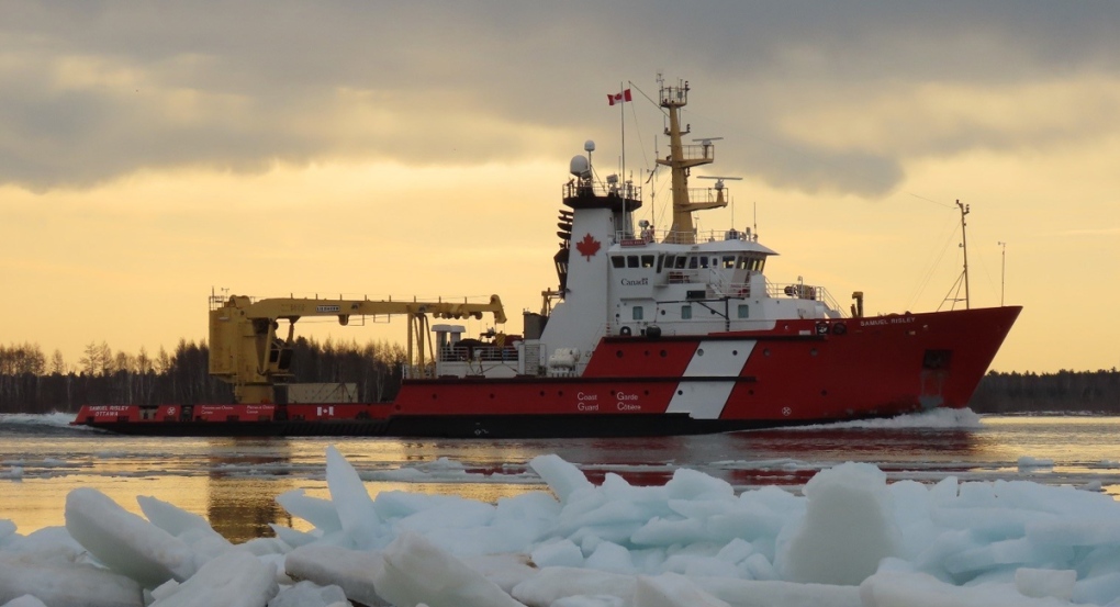 The CCGS Samuel Risley performs icebreaking duties on the St. Marys River, Ont. in March 2021. (Source: Canadian Coast Guard)