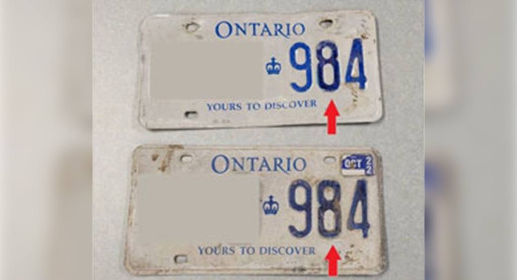 Licence plates that have allegedly been altered are seen in this image released by the London Police Service.