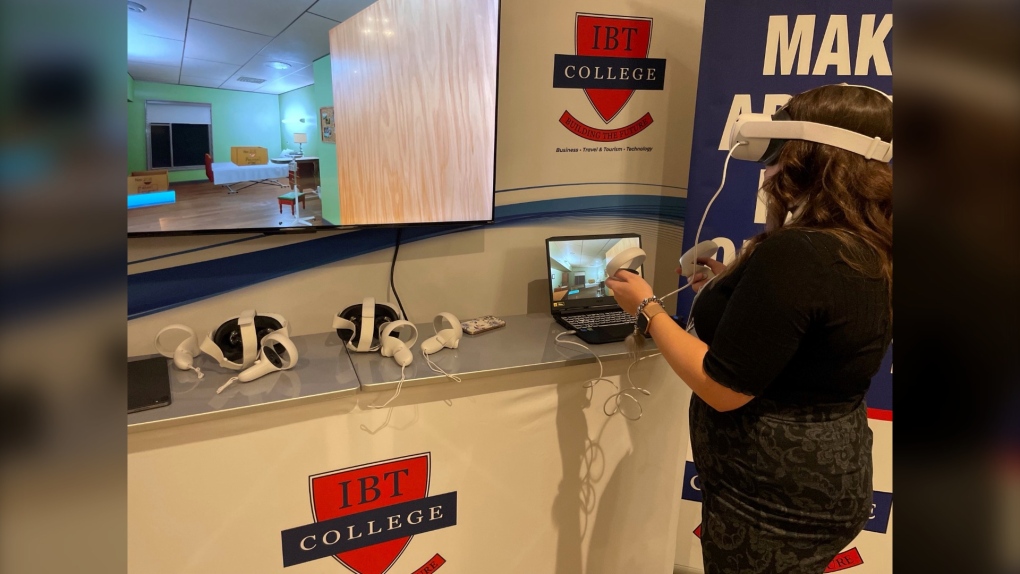 A virtually reality simulator used to educate medical support workers is demonstrated at a job fair in London, Ont. on Nov. 24, 2022. (Sean Irvine/CTV News London)