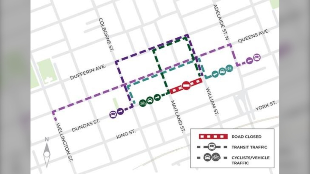 A map depicts a section of Dundas Street that will be closed from Dec. 5 to Dec.16, and alternative routes for drivers, transit users and cyclists. (Source: City of London)