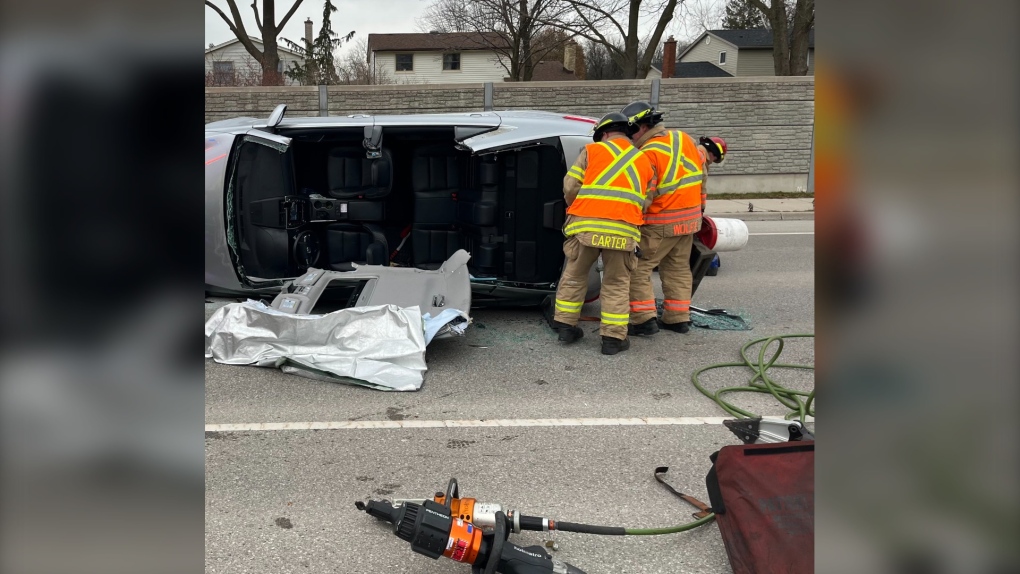 Firefighters extricated one person from a vehicle following a three-vehicle crash in the area of Hyde Park Road and Prince Philip Drive in London, Ont. on Dec. 5, 2022. (Source: London Fire Department/Twitter)