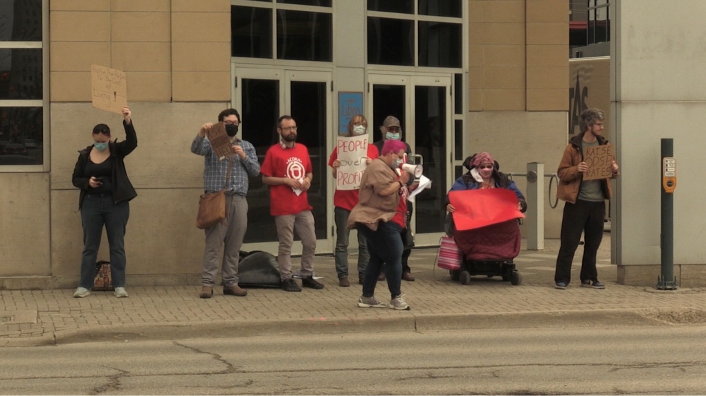 Anti-poverty group Acorn Canada protests outside the provincial Ontario Works and Ontario Disability Support Program (ODSP) office in London, Ont. on April 13, 2022. (Bryan Bicknell / CTV News)