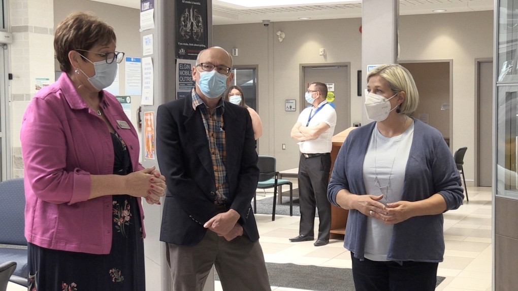 Ontario NDP Leader Andrea Horwath visits the West Elgin Community Health Centre in West Lorne, Ont. during a campaign stop on May 12, 2022. (Jim Knight/CTV News London)