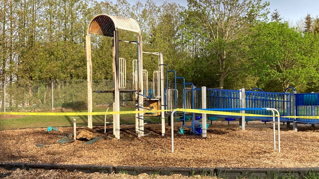 Police discovered fire damage to playground equipment at St. Vincent de Paul Catholic School on McKellar Street on May 12, 2022. (Source: Strathroy-Caradoc police)