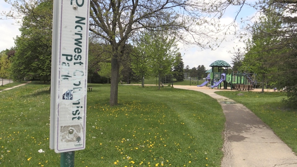 A sign has been cleaned up at a park near Hawthorne Road after police discovered hate-related graffiti, on April 18, 2022. (Daryl Newcombe/CTV News London)