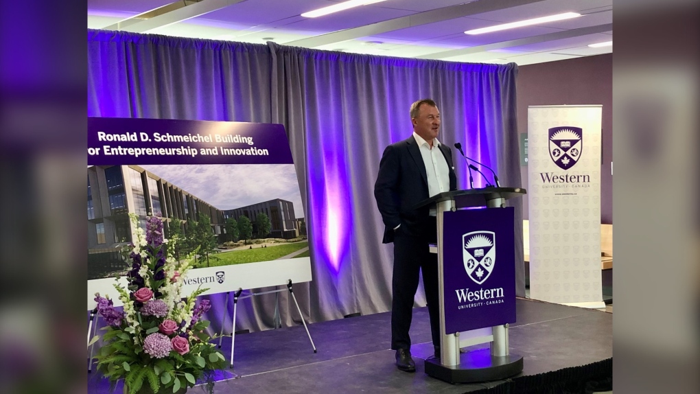 Ron Schmeichel at an event at Western University, where he announced a $10 million donation to fund the Schmeichel Building for Entrepreneurship and Innovation on May 25, 2022. (Jim Knight/CTV News London)