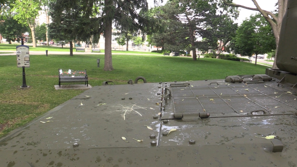The Holy Roller tank in Victoria Park in London, Ont was vandalized with an angle grinder on Saturday, June 11, 2022 (Brent Lale/CTV News London)