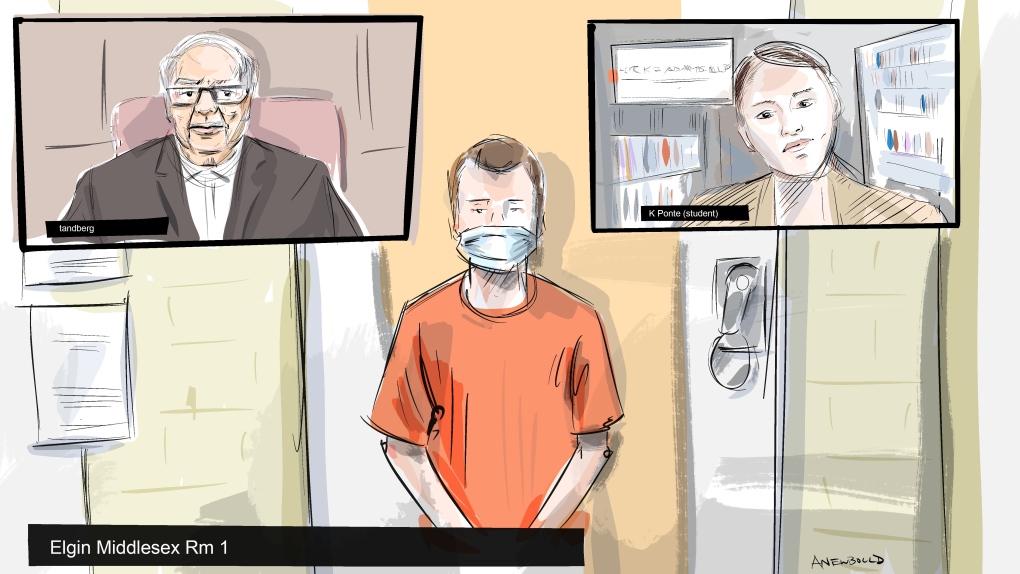 In this artist's sketch, Nathaniel Veltman, centre, makes a video court appearance in London, Ont., on Monday, June 28, 2021 as Justice of the Peace Dan McDonald, top left, and K Ponte, a student sitting in for Christopher Hicks, lawyer retained for accused, look on. (THE CANADIAN PRESS/Alexandra Newbould)
