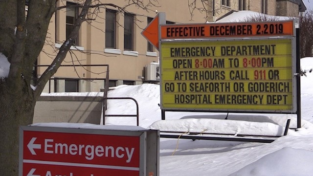The sign for the emergency room at Clinton, Ont.'s hospital, as seen in November 2019. (Scott Miller/CTV News London)
