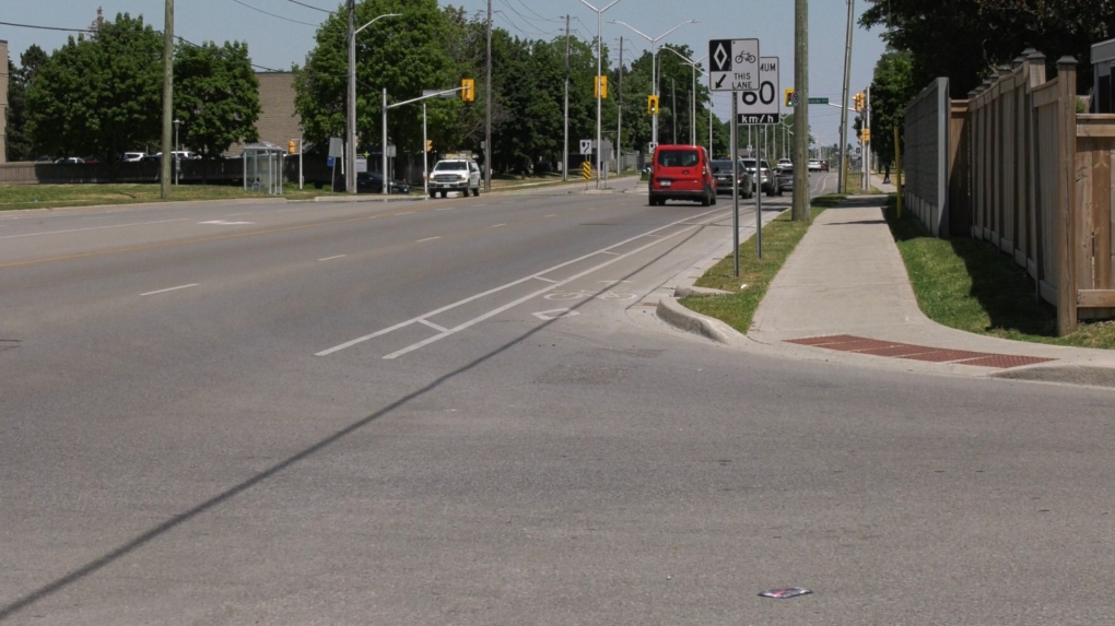 A bike lane running along Fanshawe Park Road East cross Glengarry Avenue. A female cyclist became trapped under a vehicle after being struck at this location on June 28, 2022. (Gerry Dewan/CTV London)
