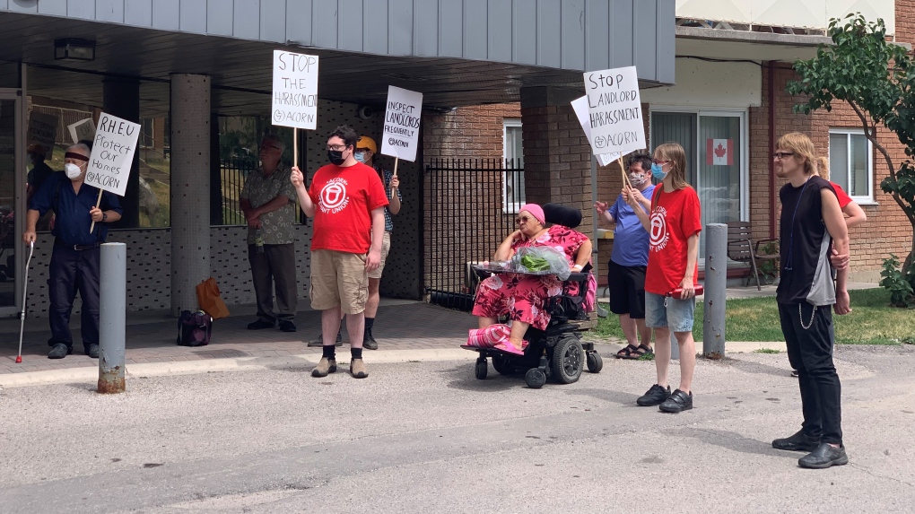 Tenants are seen protesting outside an apartment complex at 80 King Edward Avenue on July 23, 2022. (Jenn Basa / CTV News London) 