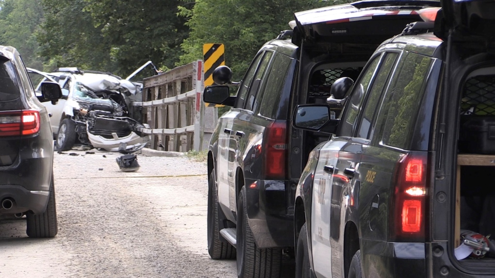 Huron County OPP are on the scene of a fatal single vehicle crash that occurred west of Exeter, Ont. on July 4, 2022. (Daryl Newcombe/CTV News London)
