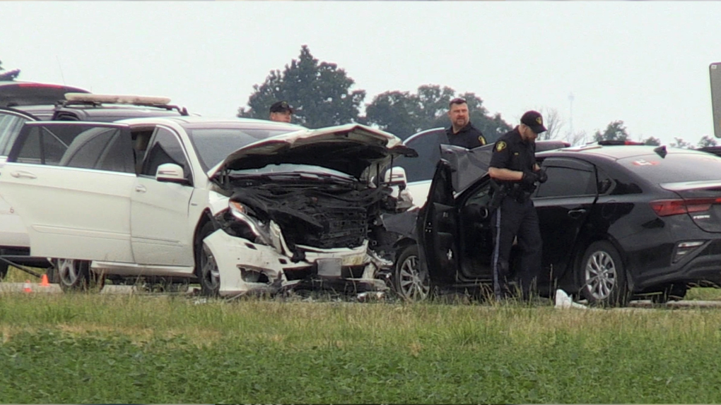 One person has died and four others have been taken to hospital with non-life threatening injuries following a head on collision in the Township of Blandford-Blenheim, Ont. Monday afternoon. (Daryl Newcombe/CTV News London)
