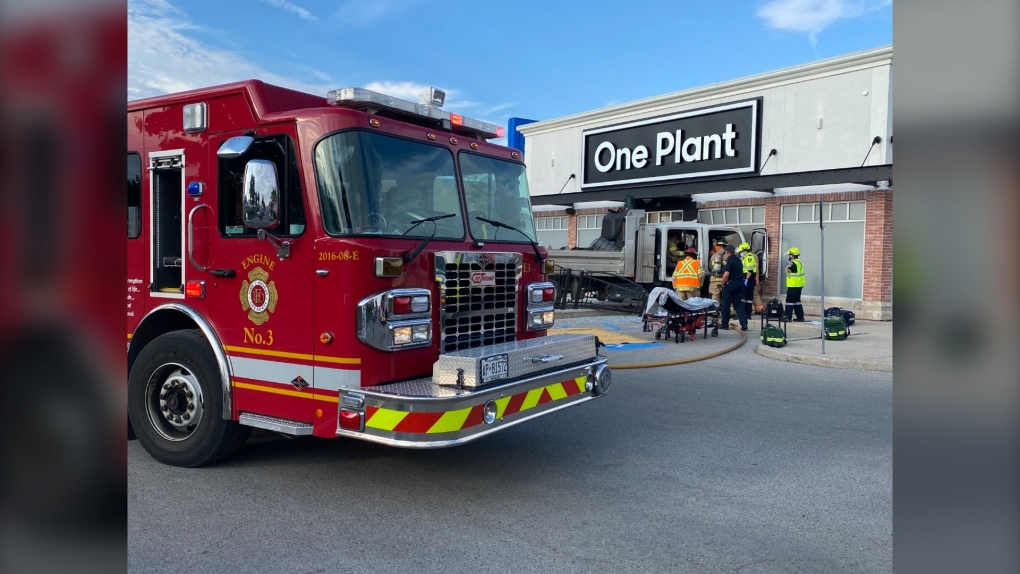 Multiple emergency crews were on scene after a vehicle crashed into a One Plant cannabis store in south London on the evening of August 15, 2022. (Source: London Fire Department/Twitter)