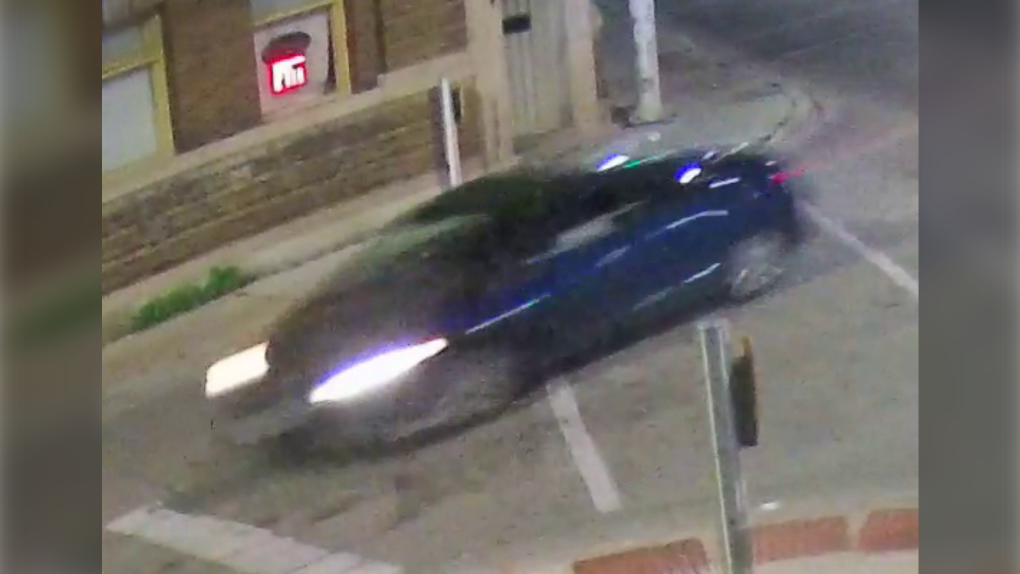 London police are looking for a suspect vehicle wanted in a fatal hit-and-run in the early morning hours of Sept. 18, 2022 on Hamilton Road in London, Ont. Police say the suspect vehicle is a two-door blue sedan with a loud muffler. (Source: London Police Service)