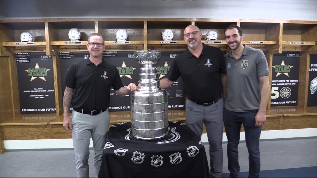 (L-R) Las Vegas Golden Knights staff Scott Jones, Scott Luce, and Harrison Luce pose with the Stanley Cup. Scott Luce, a NHL scout had his day with the trophy in St. Thomas, Ont. on Sunday, Oct. 1, 2023. (Brent Lale/CTV News London)
