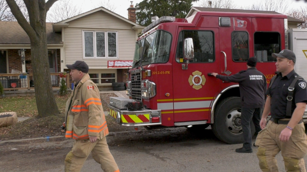 Emergency responders remained on scene Sunday morning after an explosion and fire Saturday evening. Pictured in London, Ont. on Sunday, Nov. 26, 2023. (Gerry Dewan/CTV News London)