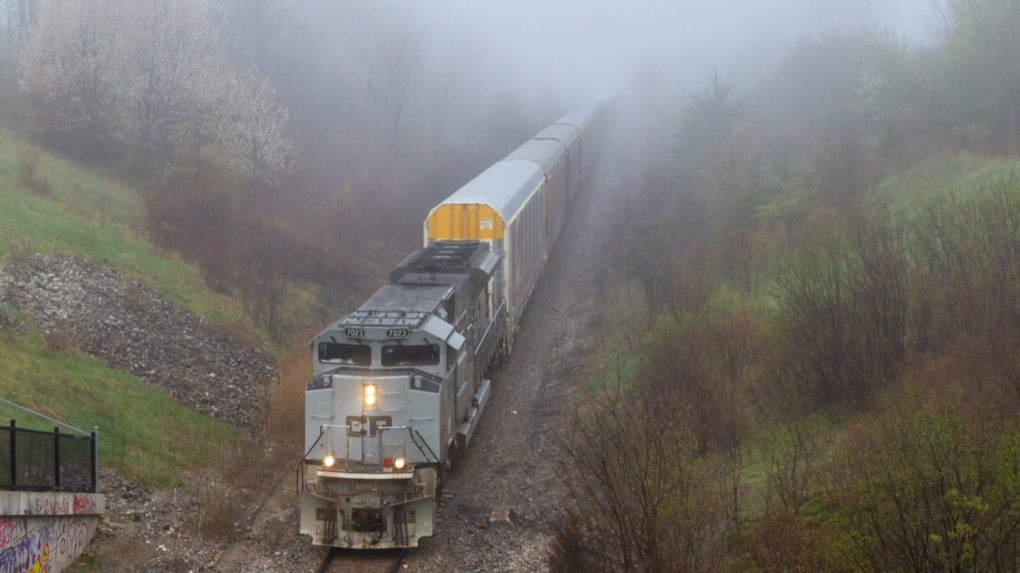 A train emerges out of the fog near Sarnia Road in London, Ont. in May 2023 in this viewer-submitted image. (Source: Daniel Richardson) 