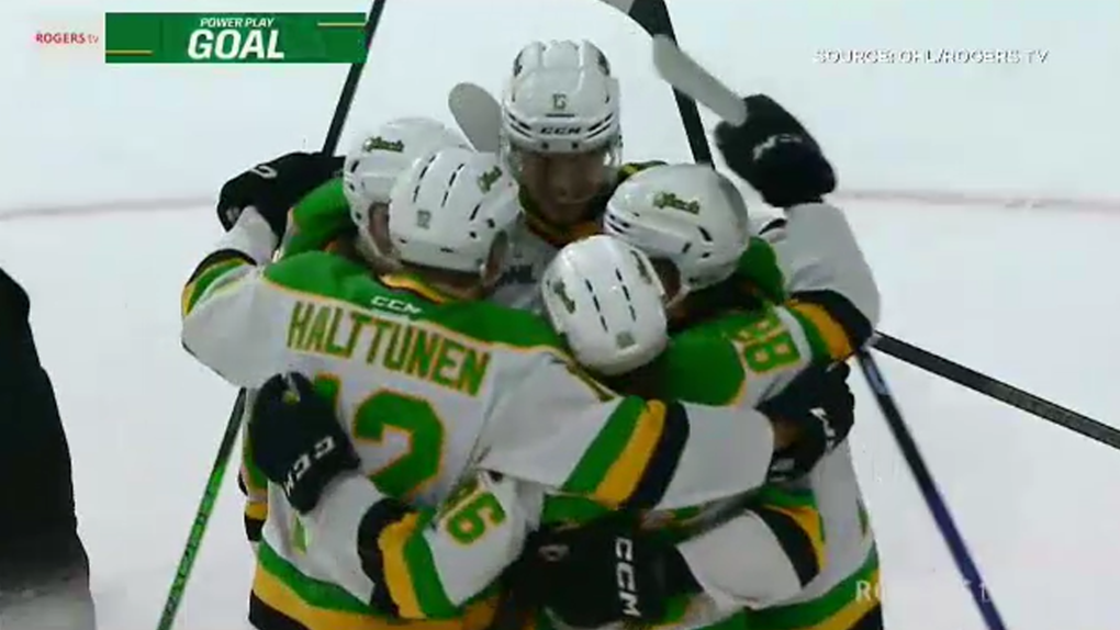 The London Knights celebrated after scoring a goal against the Saginaw Spirit, beating them 7-3 on Dec. 8, 2023, at Budweiser Gardens. (Source: OHL/Rogers TV)