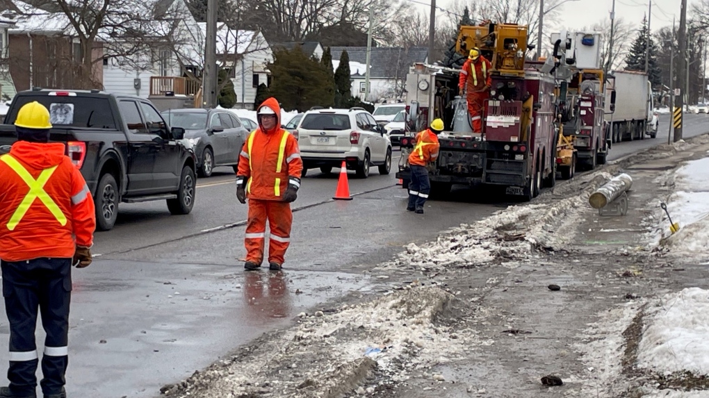 London power crews on scene of a multi-vehicle crash on Highbury Ave. that knocked out power to multiple homes in London, Ont. on Tuesday, Feb. 7, 2023. (Sean Irvine/CTV News London)