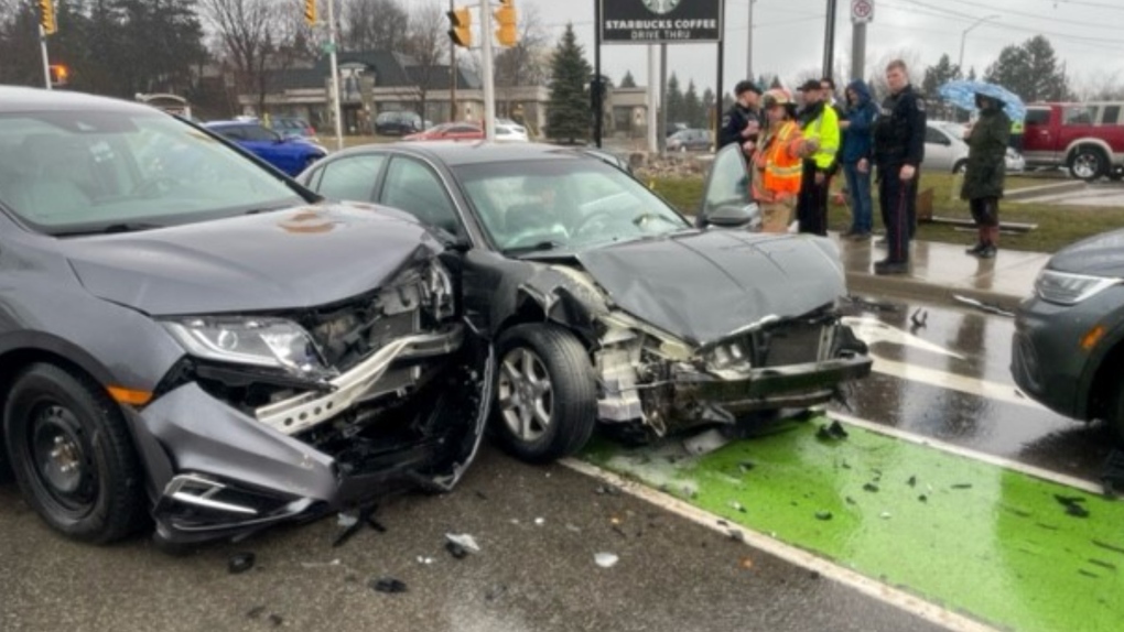 A multi-vehicle crash tied up traffic at the intersection of Wonderland Road and Commissioners Road on March 23, 2023. (Gerry Dewan/CTV News London)