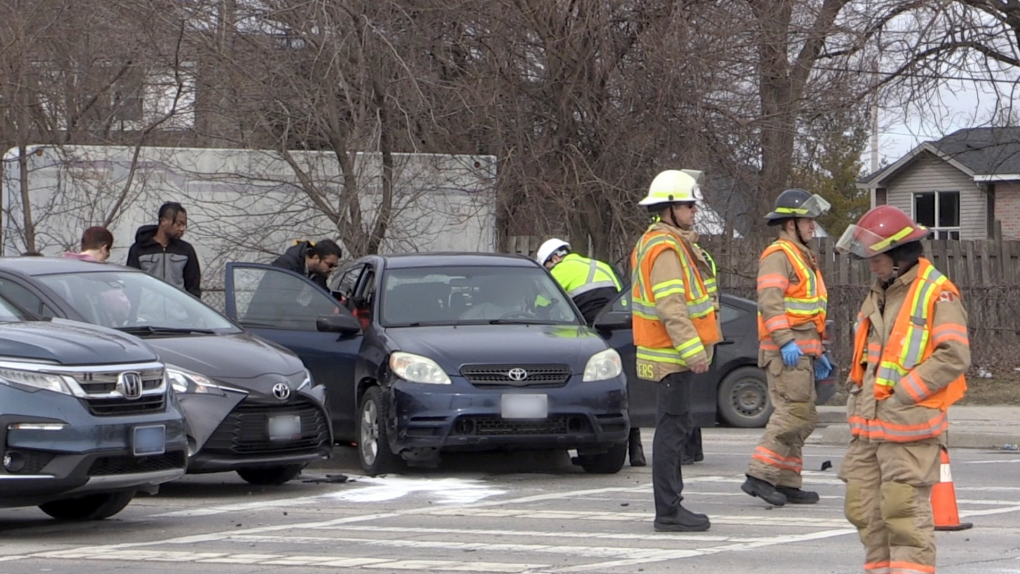 There was a three vehicle collision at Highbury Street and Oxford Street on March 24, 2023. (Daryl Newcombe/CTV News London)