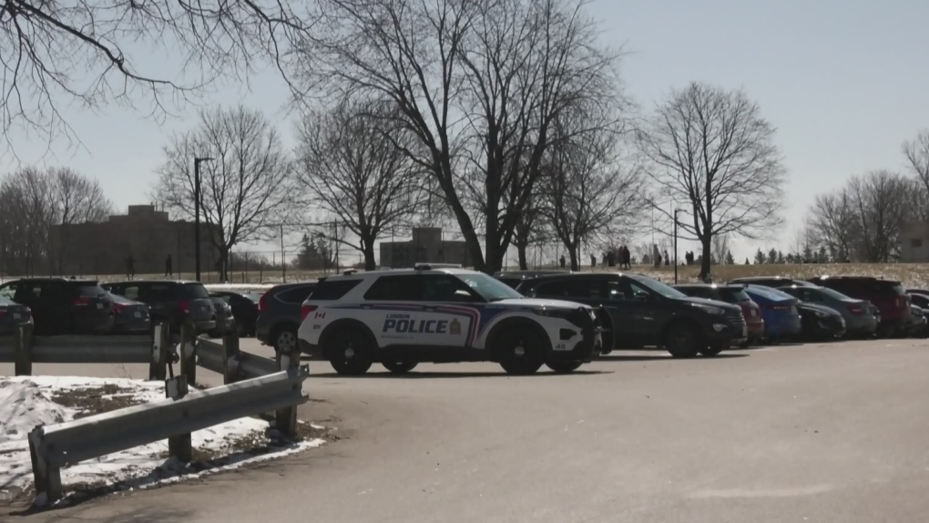 A London police vehicle is seen at Montcalm Seconday School after reports of an assault and weapons investigation on March 30, 2023. (Bryan Bicknell/CTV News London)