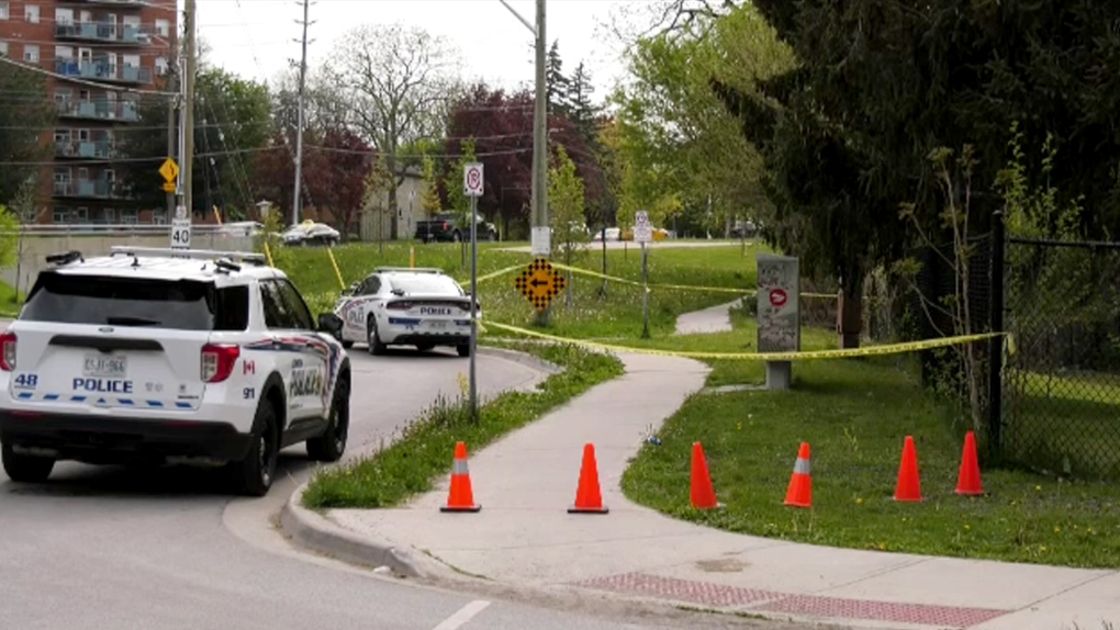 London, Ont. police blocked off an area along a section of Mount Pleasant, near Riverside Drive with police tape on May 12, 2023, as they investigated a reported stabbing
