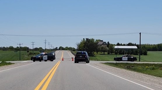 South Bruce OPP are on scene of a fatal two-vehicle crash on Highway 9 in Carrick Township, Ont. on May 25, 2023. (Source: OPP West Region/Twitter) 