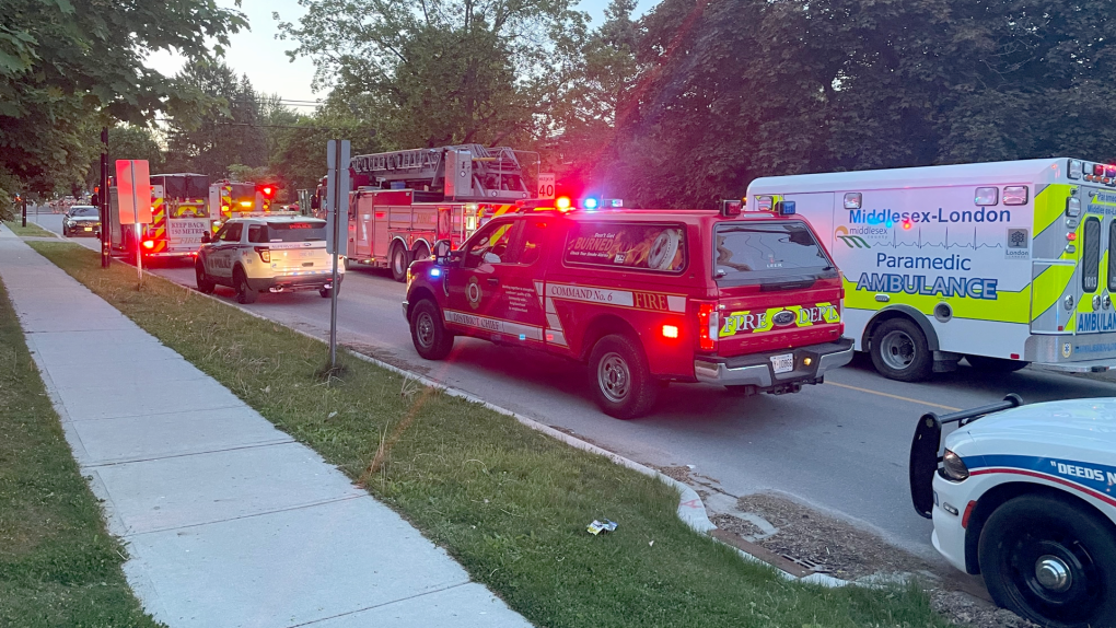 Emergency responders attended the scene of an incident May 26, 2023, after it was reported a truck crashed into a home, severing a natural gas line on Canterbury Road. (Marek Sutherland/CTV News London) 