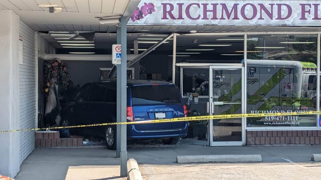 A minivan drove through the front entrance of Richmond Florist, located on Springbank Drive, in London, Ont. on May 31, 2023. (Joel Merritt/CTV News London)