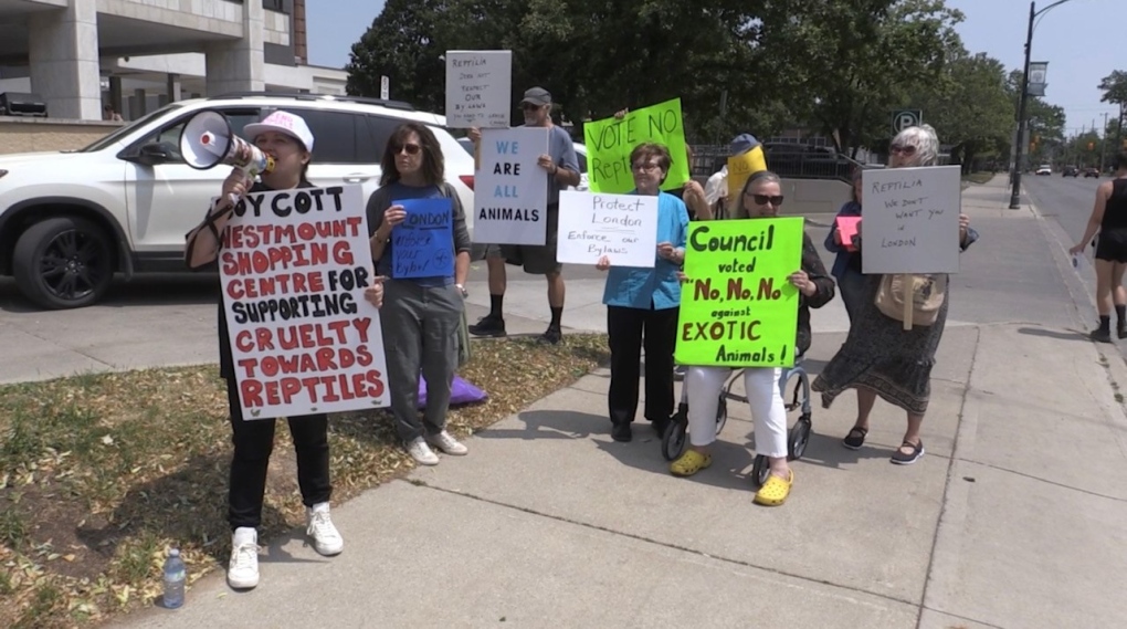 A demonstration against Reptilia was held outside London City Hall in London, Ont. on June 6, 2023. (Daryl Newcombe/CTV News London)