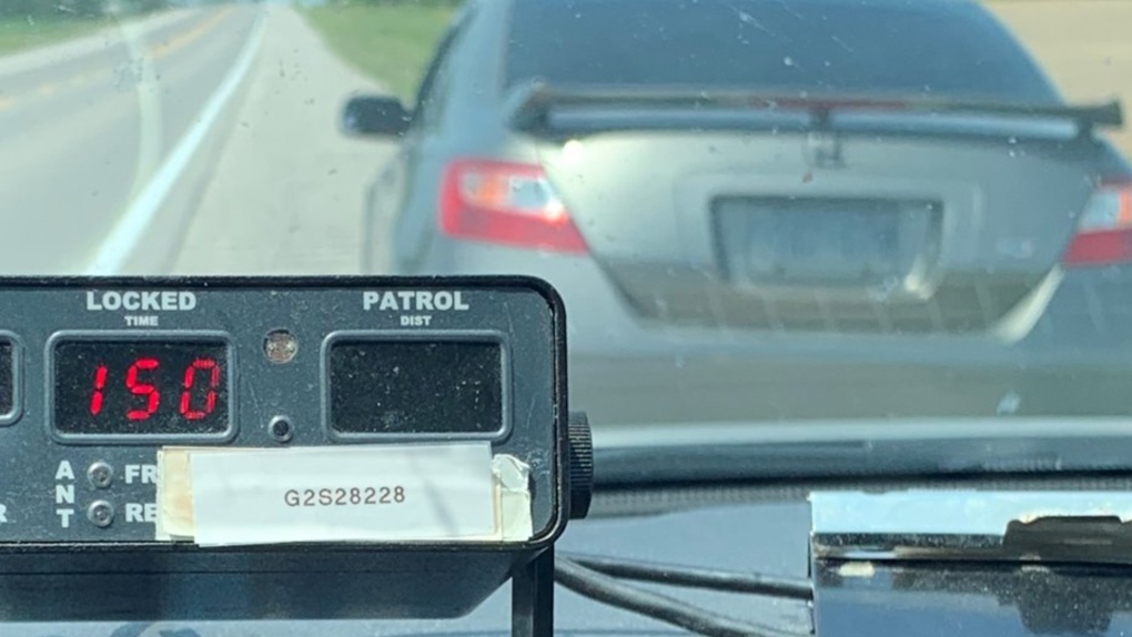 Police in Huron County have charged an 18 year old driver from Kitchener, Ont. with stunt driving after they were allegedly clocked in at 150 km/h in a posted 90 km/h zone in June 2023. (Source: West Region OPP/Twitter)