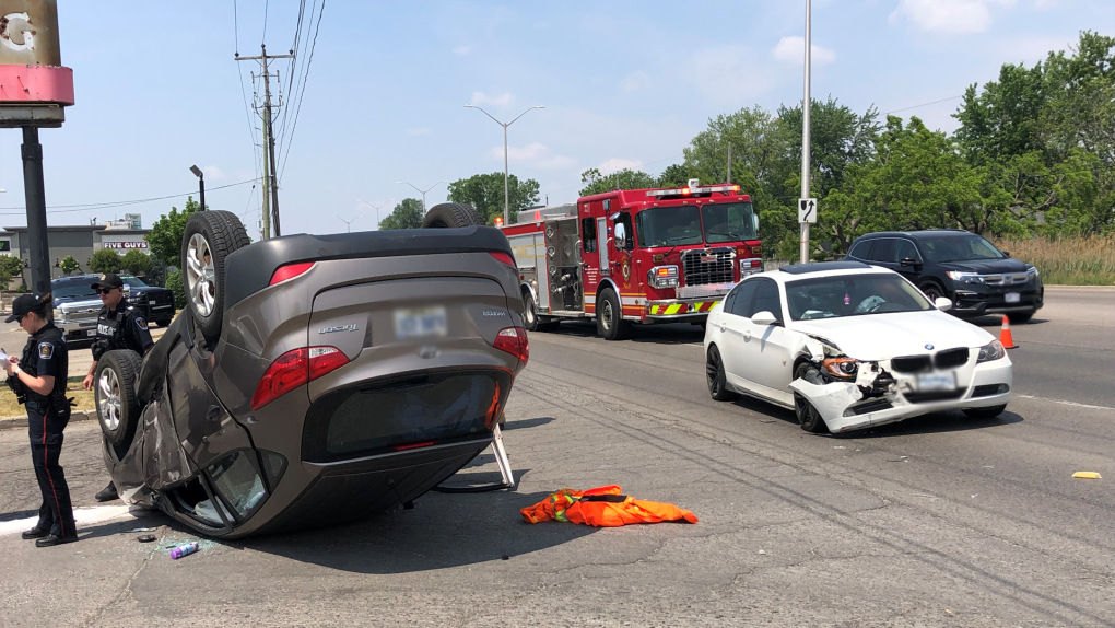 A three-vehicle crash on Wellington Road in London, Ont. sent one person to hospital on June 9, 2023. (Jim Knight/CTV News London) 