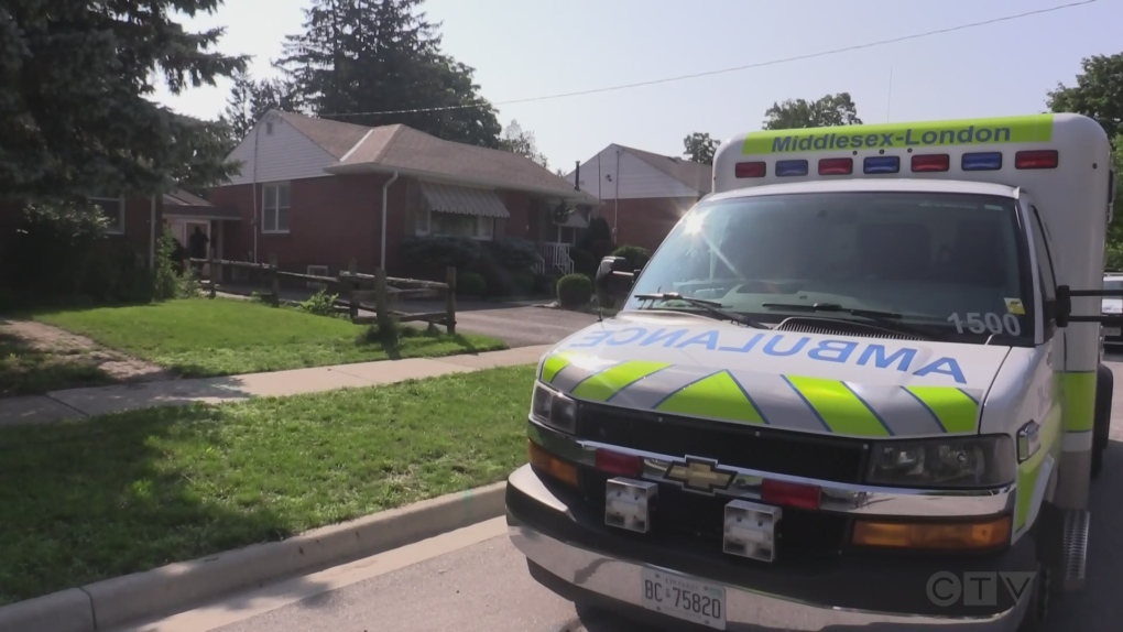 Police and EMS responded to a home on Beatrice Street in London, Ont. on July 4, 2023 after a man was found deceased in a swimming pool. (Brent Lale/CTV News London)