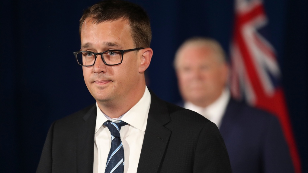 Monte McNaughton, Minister of Labour, Training and Skills Development speaks at the lectern as the government gives an update on the COVID-19 situation in the province at Queen's Park, in Toronto, Wednesday, June 24, 2020. THE CANADIAN PRESS/POOL-Richard Lautens