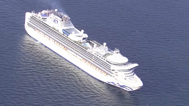 Aerial view of quarantined cruise ship near Japan