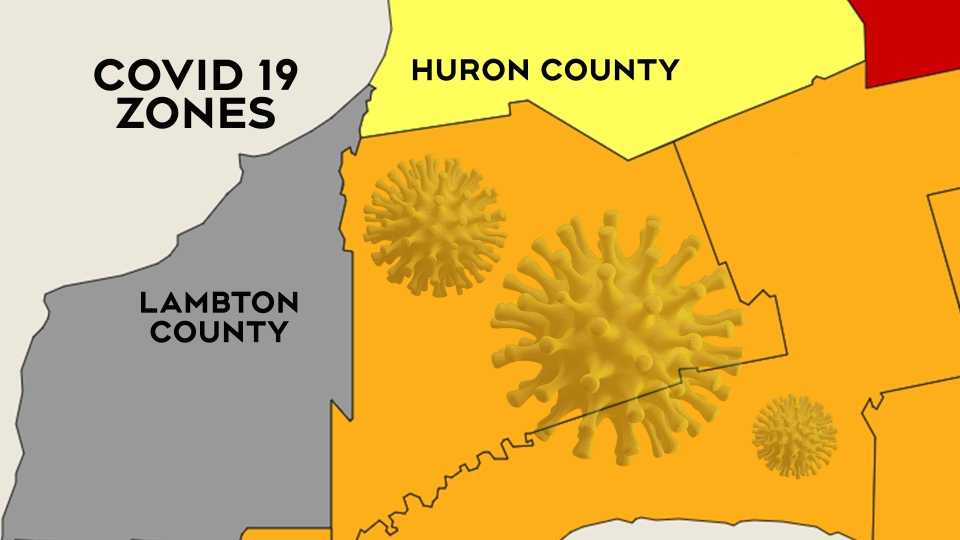COVID-19 zone map showing Lambton and Huron County